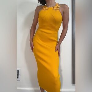 Self Portrait Canary Yellow Inserted Lace Knit Dress
